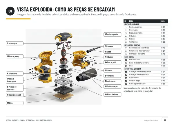 Página 8: vista explodida da lixadeira orbital, com as peças numeradas