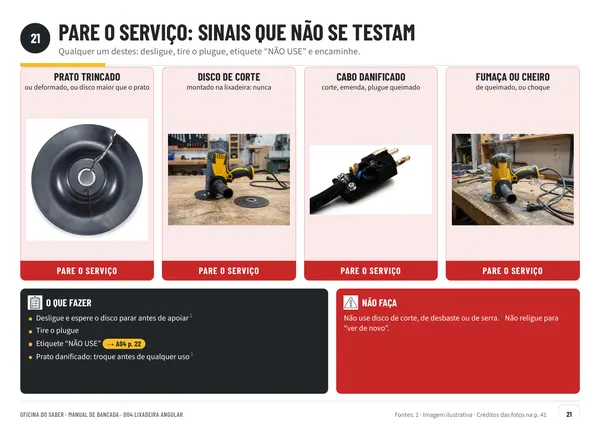 Página 21: sinais em que é preciso parar o serviço na lixadeira angular